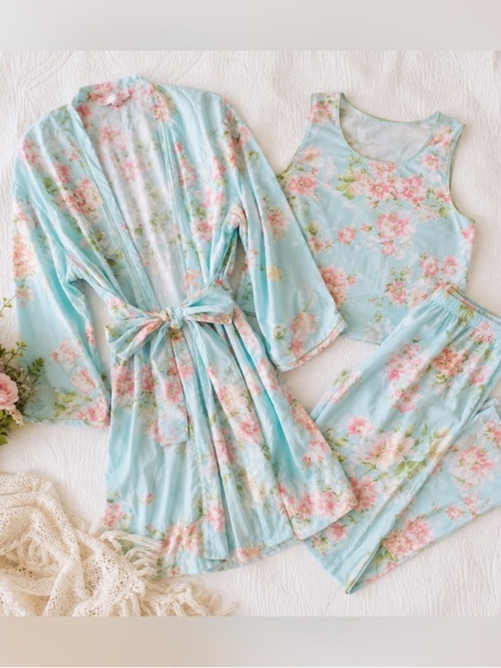 Oscar de la Renta Light Blue Floral Robe, Tank & Pant Set of 3 Size L/XL